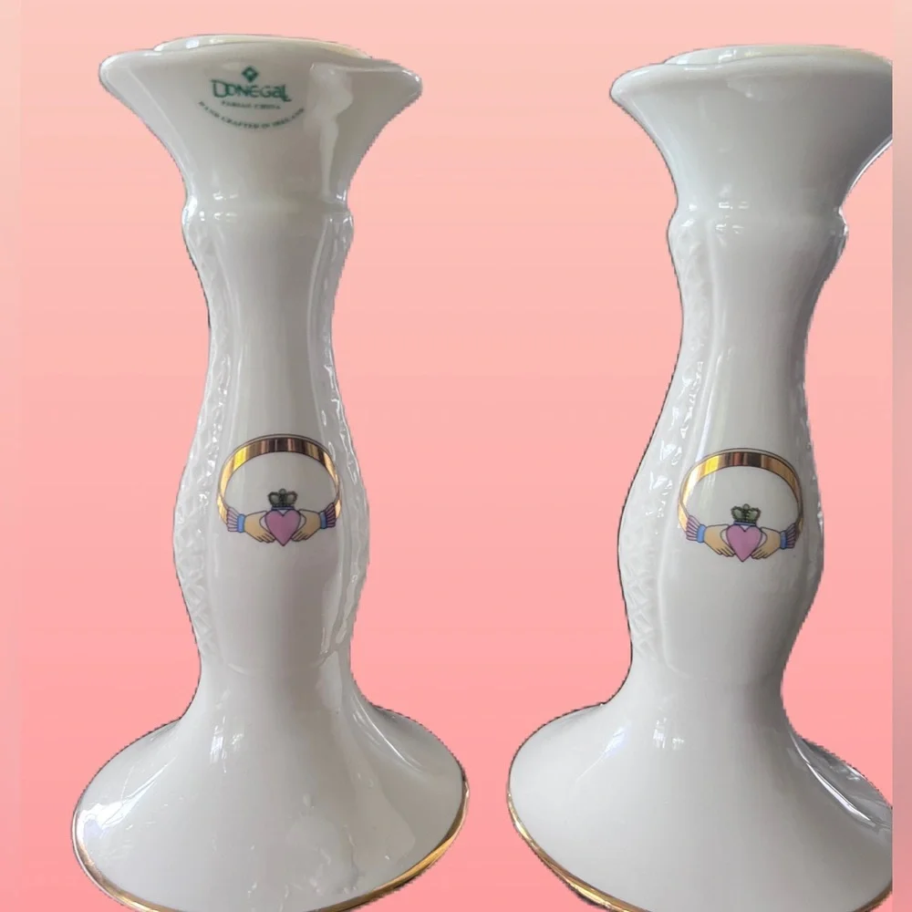 Claddagh Candlestick Holders Porcelain gold trim ivory white Donegal Parian